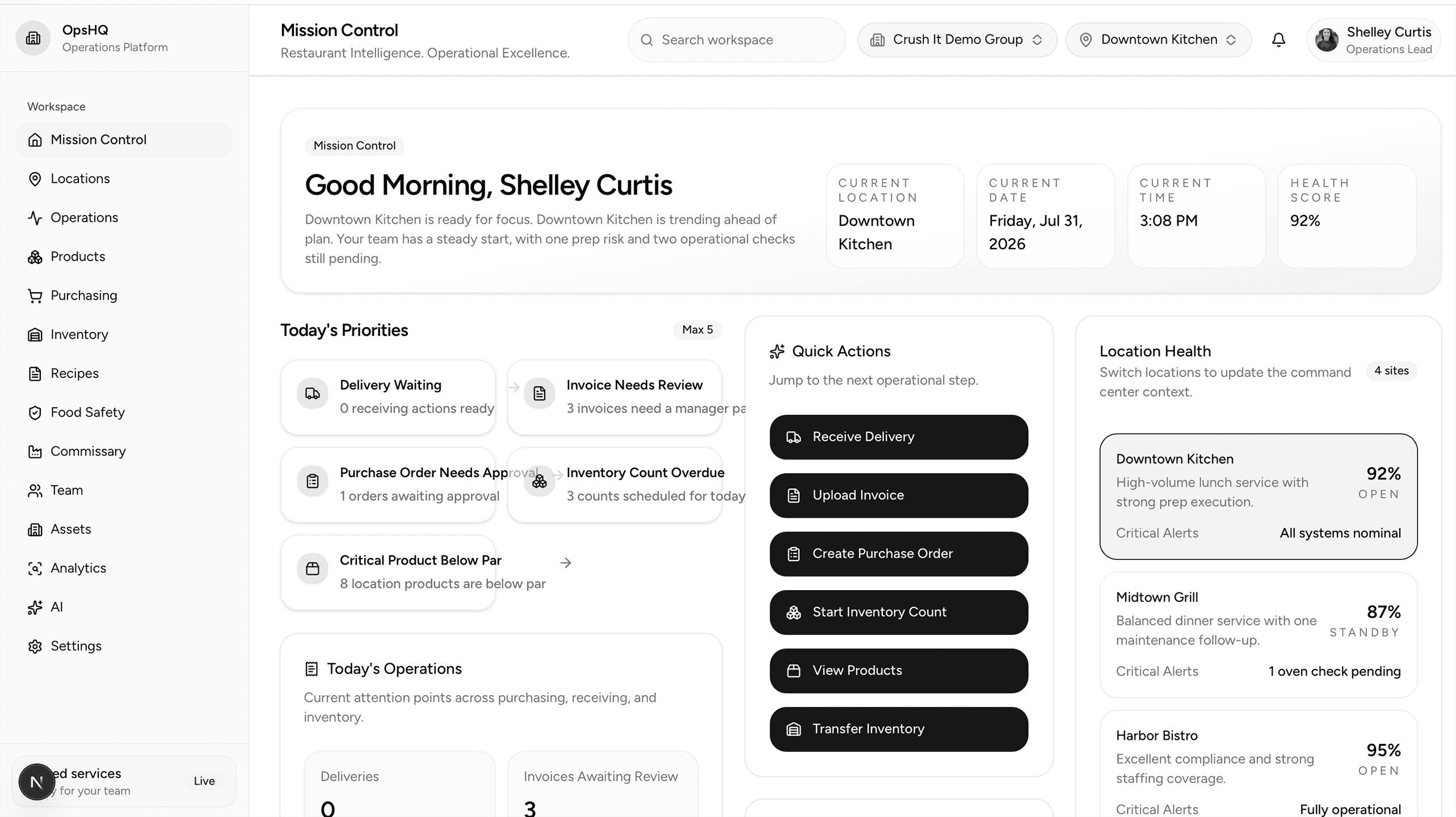 OpsHQ Mission Control screenshot showing operational priorities, approvals, and location health